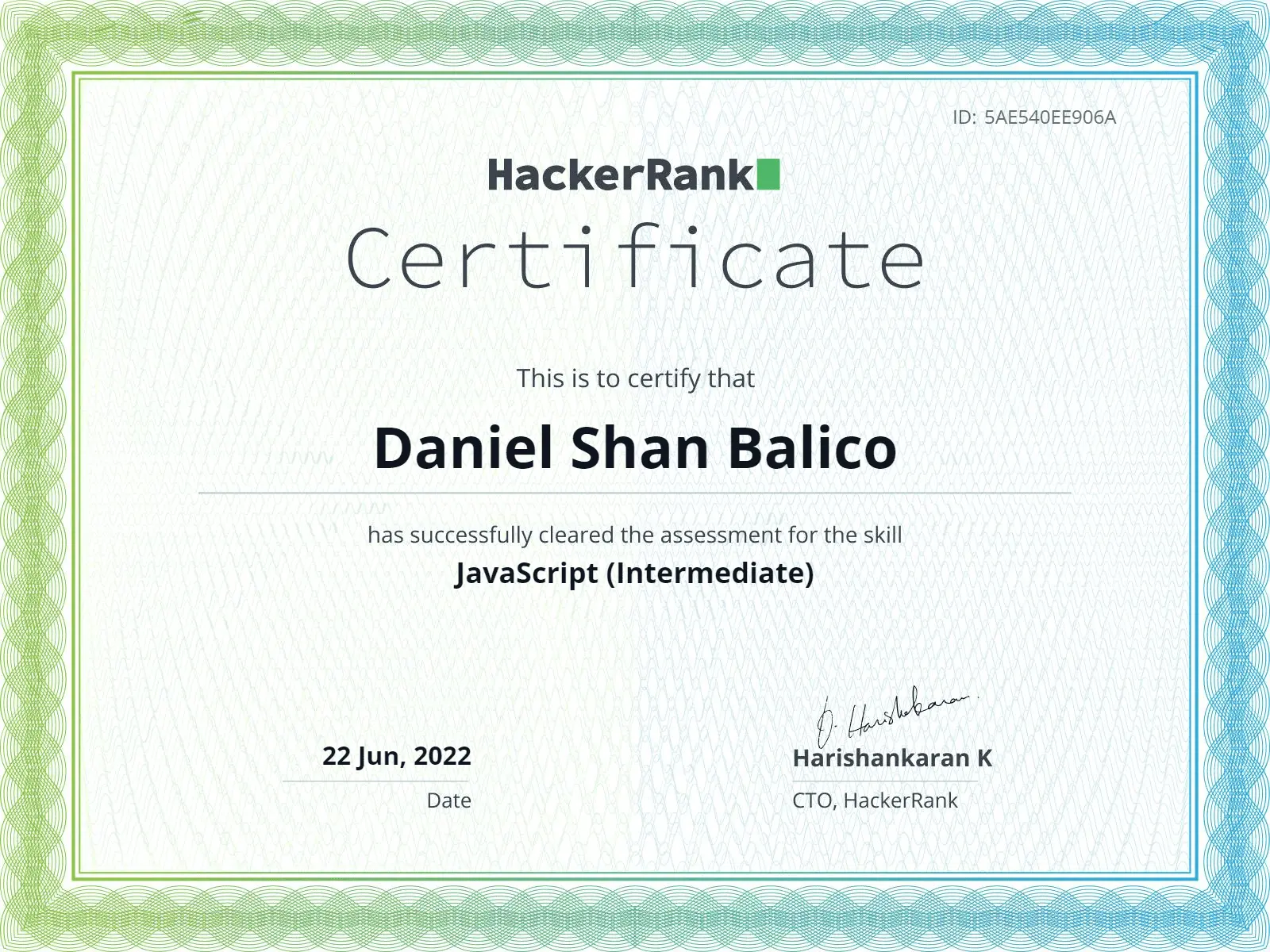 JavaScript (Intermediate) Certificate from HackerRank