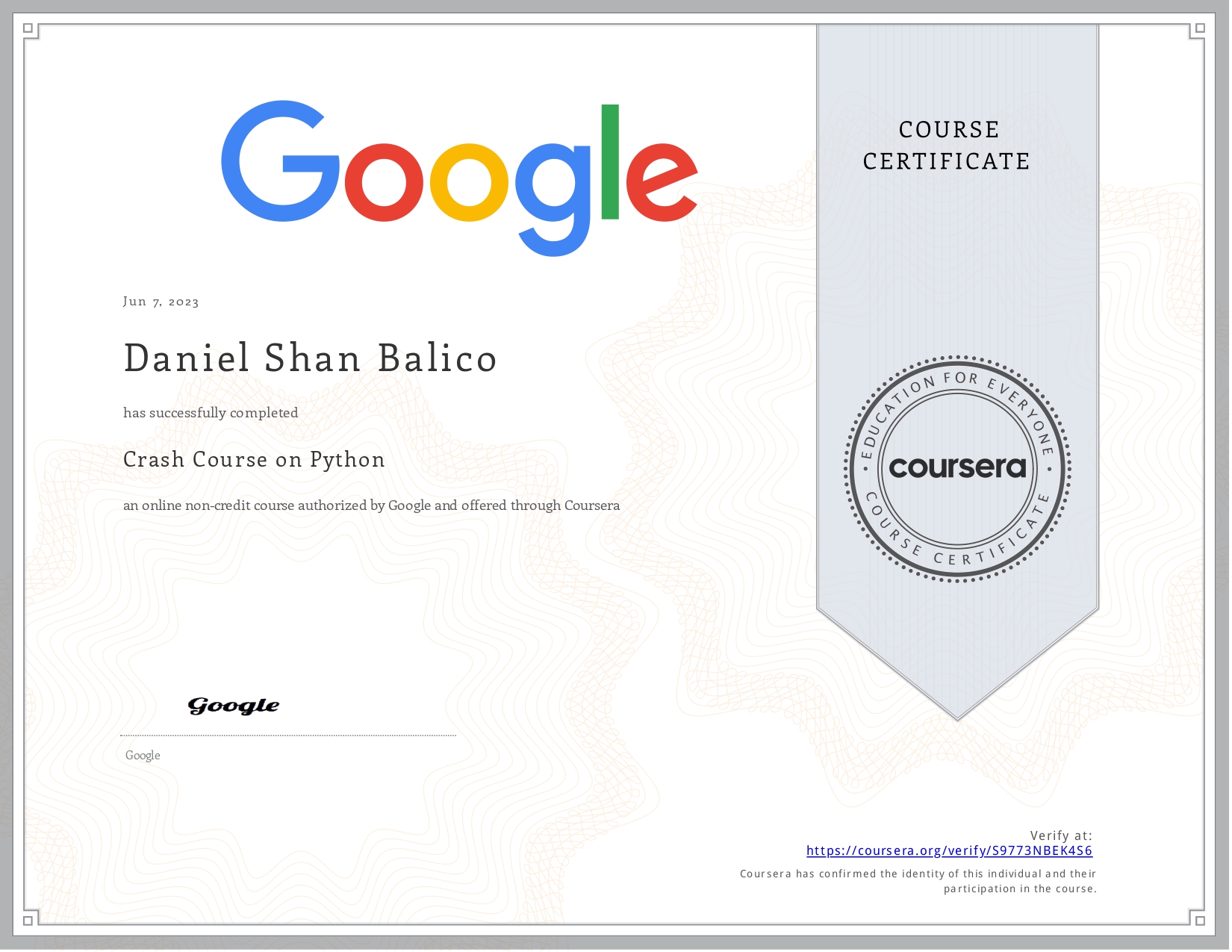 Crash Course on Python Certificate from Coursera & Authorized by Google